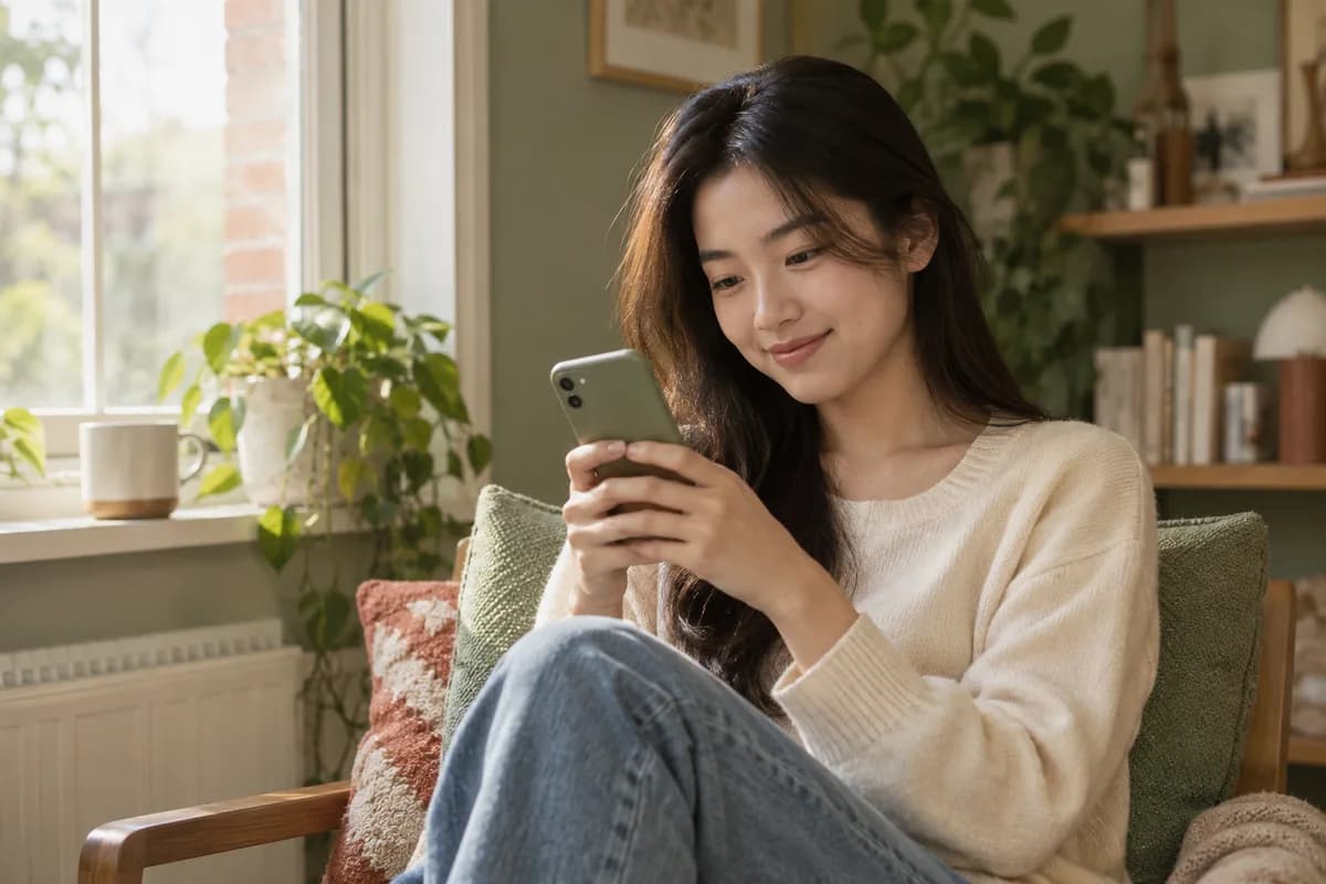 A young adult seated by a window looking at a phone, with the screen facing away