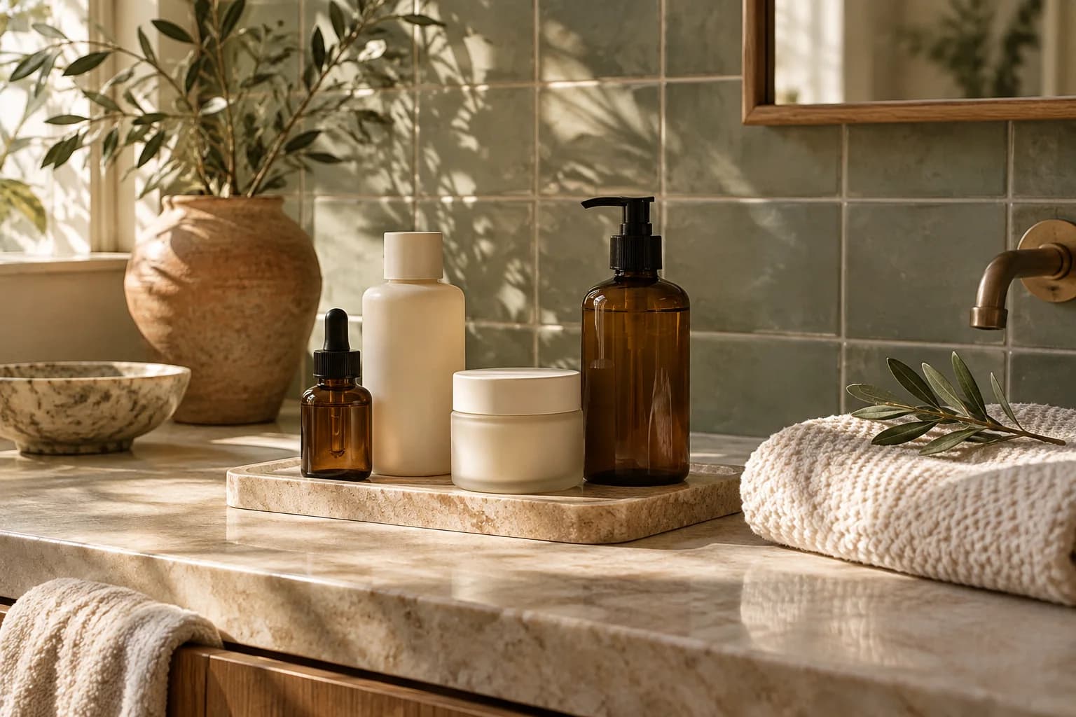 Unbranded skincare bottles and a folded towel on a sunlit bathroom counter
