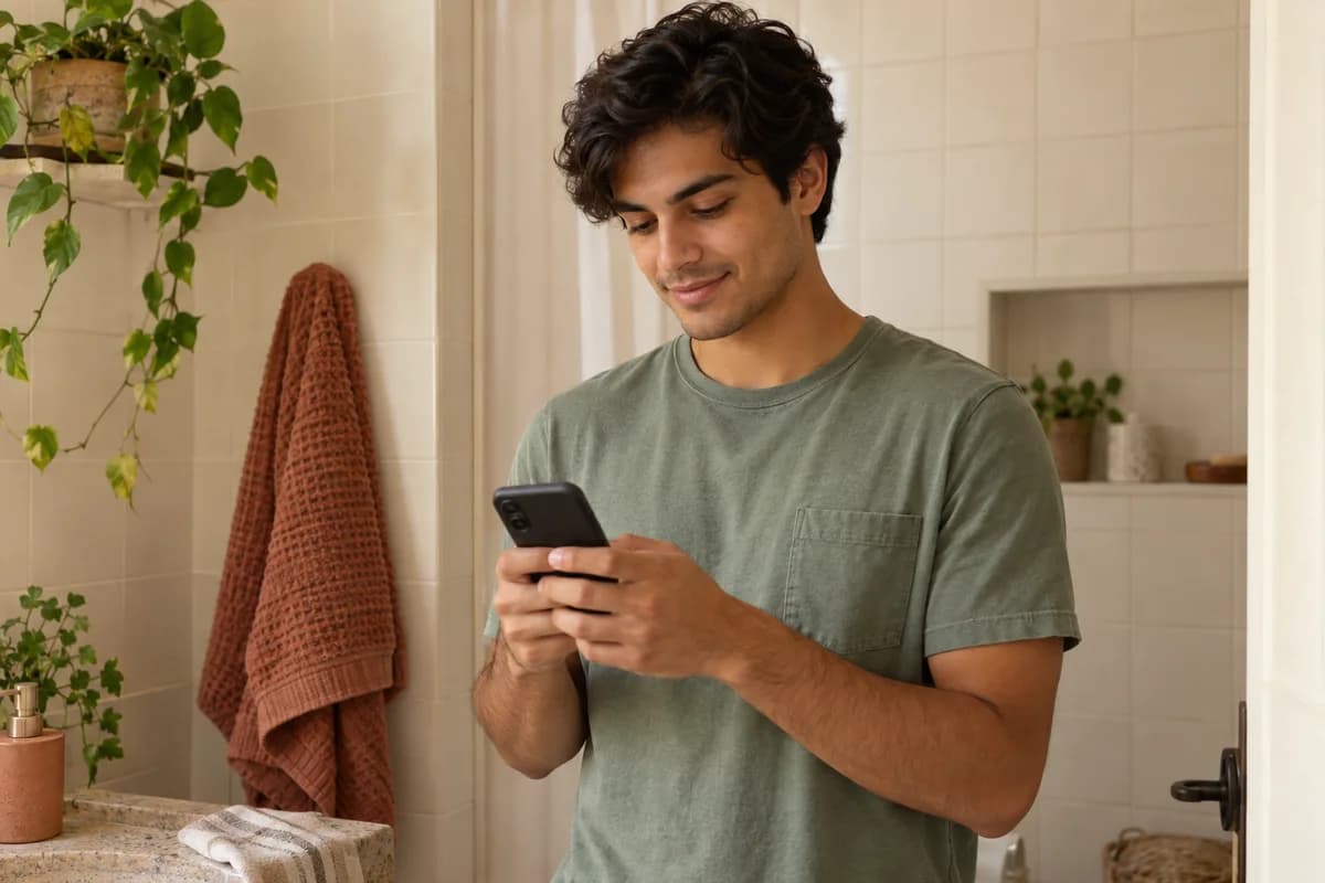A young adult using a phone during a quiet bathroom check-in; only the back of the phone is visible