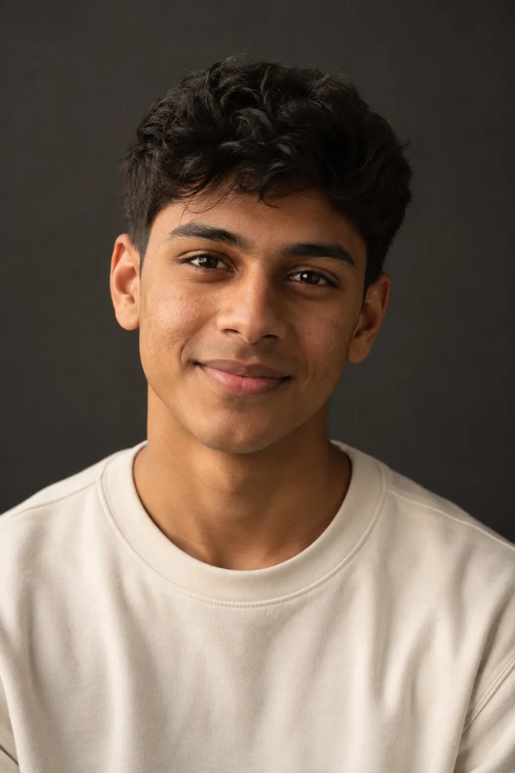 A male teen with short textured hair and natural skin texture in warm light